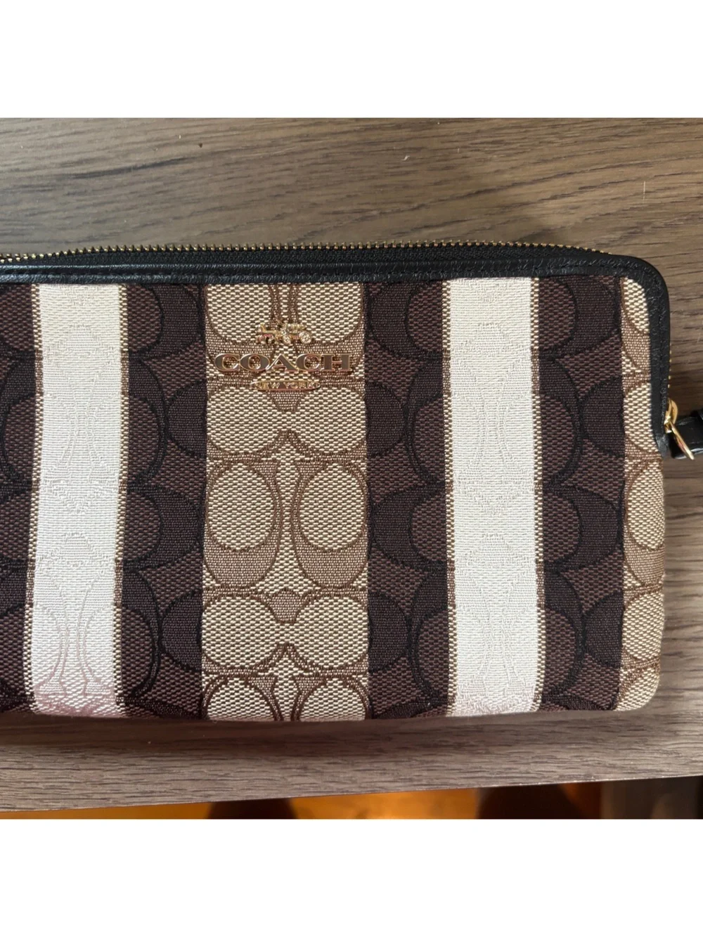 Coach Striped Signature Canvas Wristlet - Brown, Cream & Black